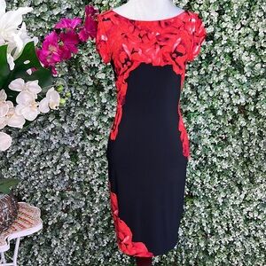 Cache Floral Red Rose and Black Cap Sleeve Dress